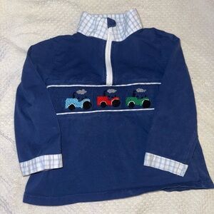 Kids Blue Shirt Pullover with Smocked Car Design